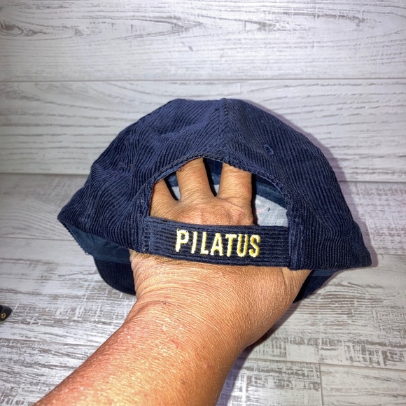 Pilatus red dragon logo Hat Camp Cap Blue Corduroy - Vintage Adjustable . - Picture 2 of 5